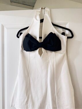 Maeve Cream Halter Dress with Black Neck Detail